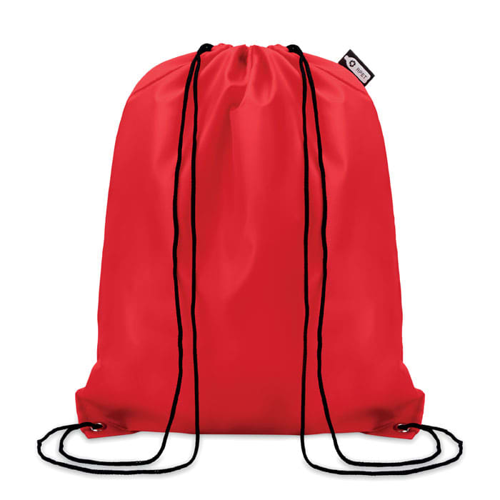 A red drawstring backpack with black cords for closure, featuring a small branding tag.