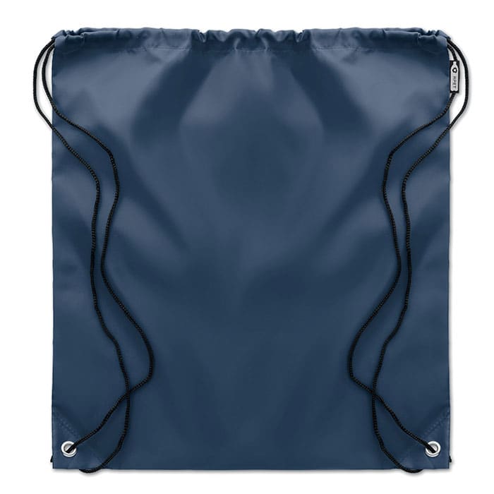 A navy drawstring bag with black cords, featuring a smooth, glossy finish and eyelet details.