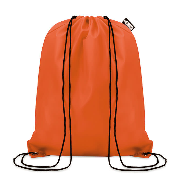 An orange drawstring backpack with black cords and a small logo tag.