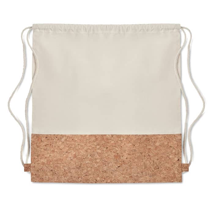 A drawstring bag featuring a cream fabric upper and a cork lower section. The bag has two adjustable cords.