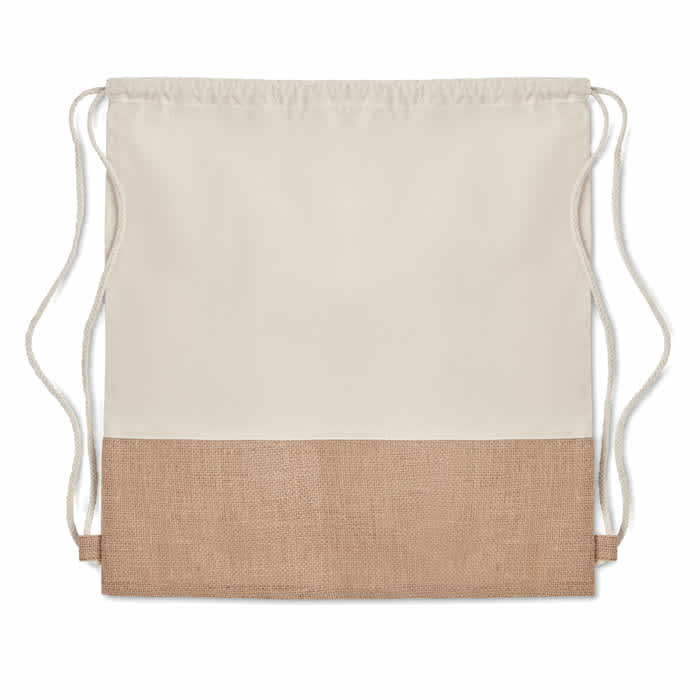 A drawstring bag in cream and natural jute colours with adjustable cords for closure. It features a simple design.