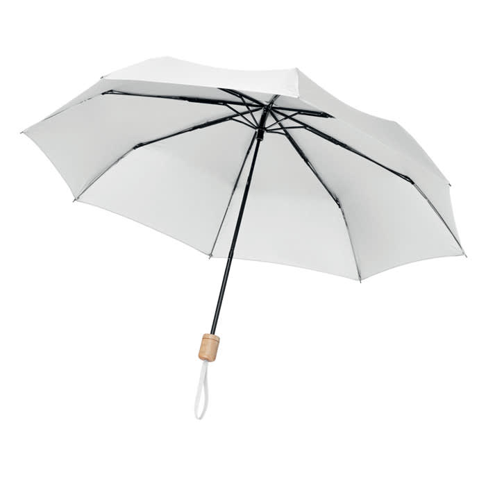 A white umbrella with a black frame and a wooden handle. It features a logo on the canopy.