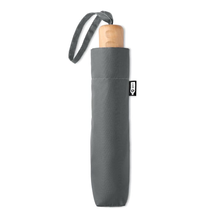 A grey umbrella with a wooden handle, stored in a matching sleeve, featuring a simple logo.