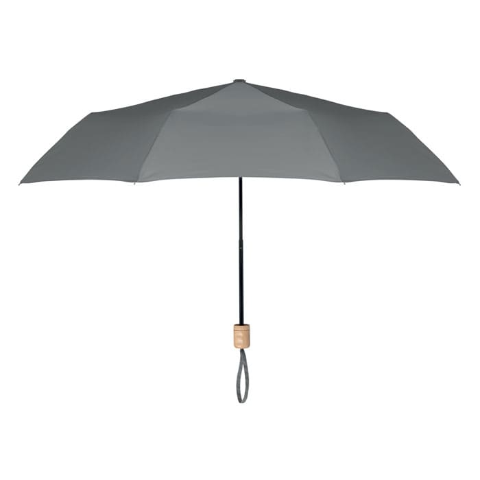 A grey umbrella with a wooden handle and a strap, featuring a black metal pole. It has a simple, sleek design.