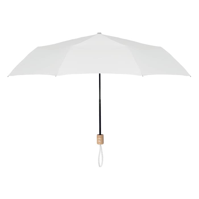A white umbrella with a black shaft and a wooden handle, featuring a hanging loop.