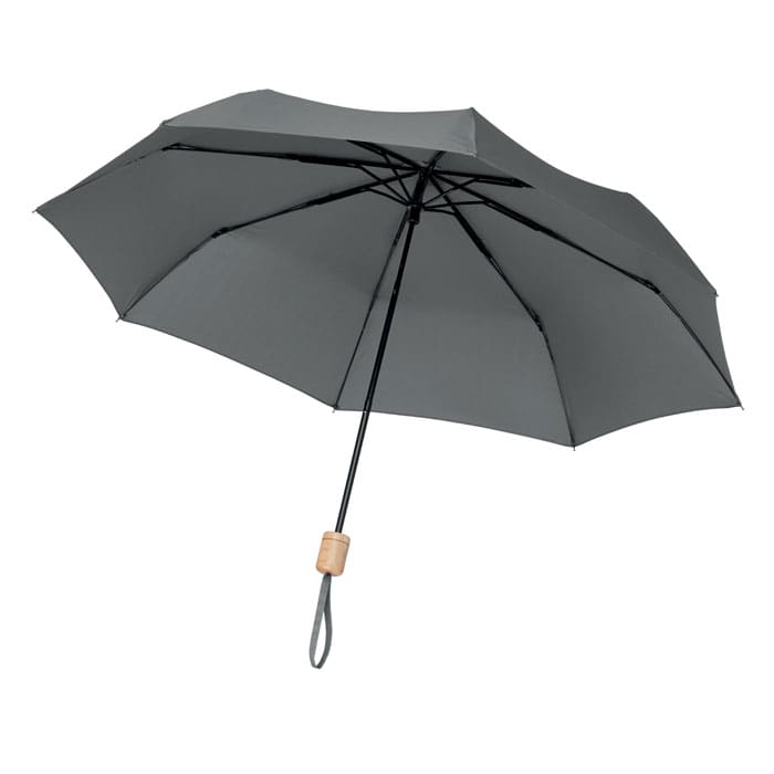 A grey umbrella with a wooden handle and a wrist strap. It features a logo on the canopy.