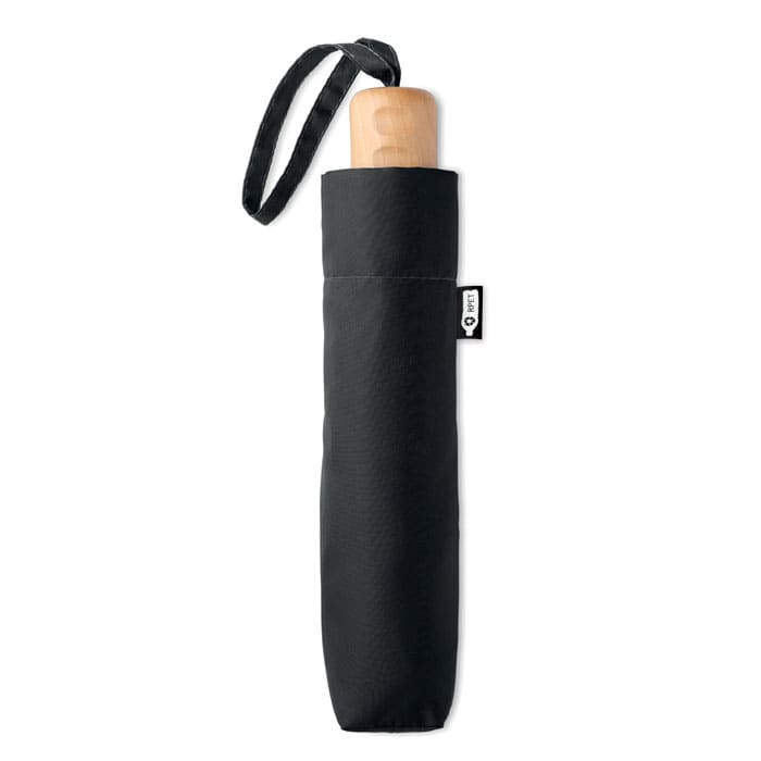 A black umbrella with a wooden handle, housed in a matching black cover with a strap.