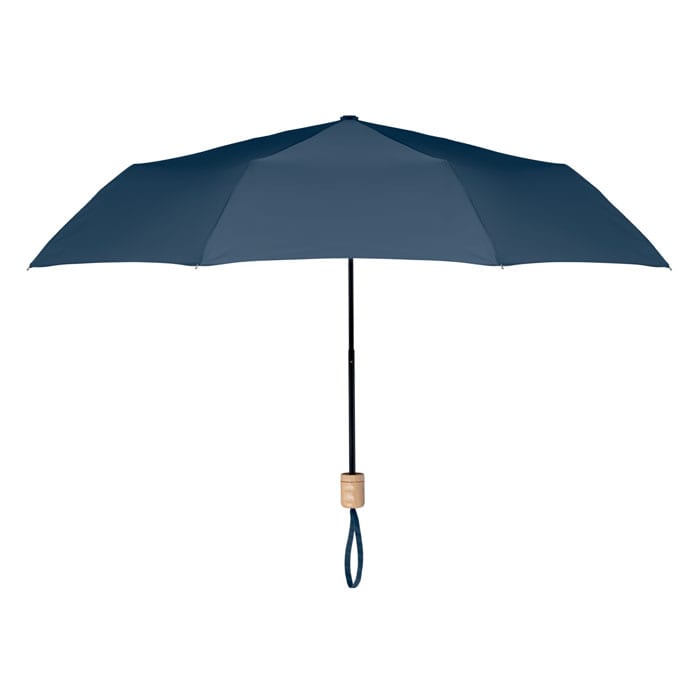 A navy umbrella with a wooden handle and a strap for easy carrying, featuring a simple, classic design.