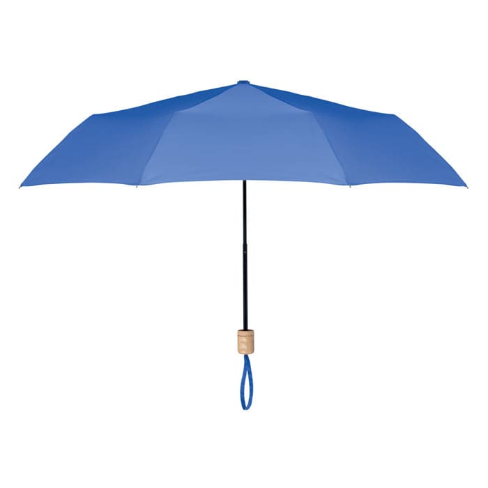 A blue umbrella with a black handle and a wooden accent, featuring a wrist strap for easy carrying.