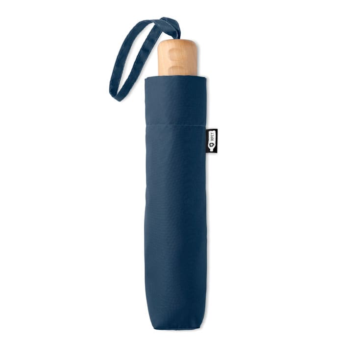 A navy blue umbrella with a wooden handle, featuring a fabric cover and a carrying strap.
