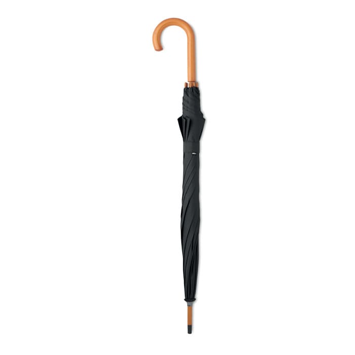 A black umbrella with a wooden handle, featuring a curved design and a compact, folded state.