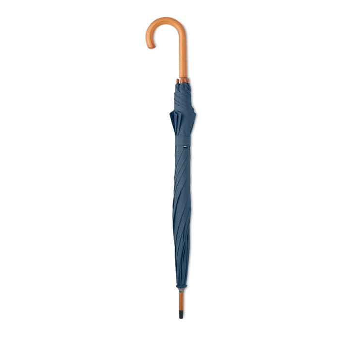 A navy blue umbrella with a curved wooden handle, featuring a sleek design and an integrated logo.