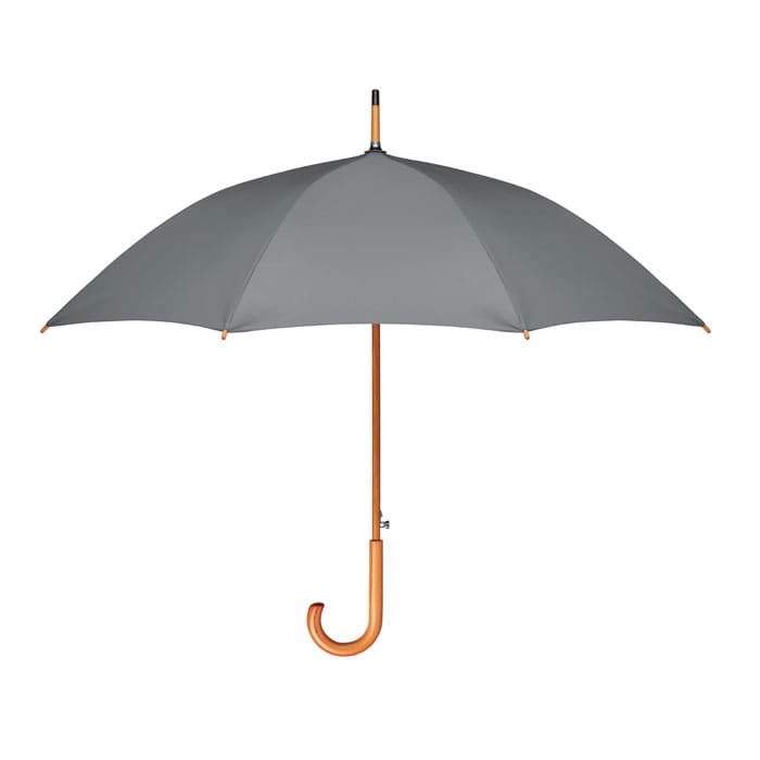 A grey umbrella with a wooden handle and a curved hook. It features a simple yet elegant design.