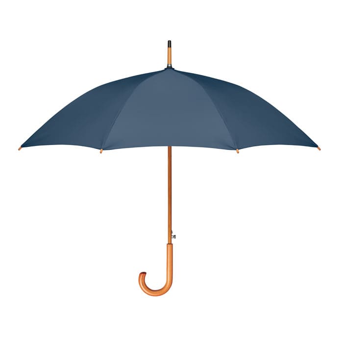 A navy blue umbrella with a wooden handle and an elegant curved hook design. It features a sturdy frame and a branding logo.