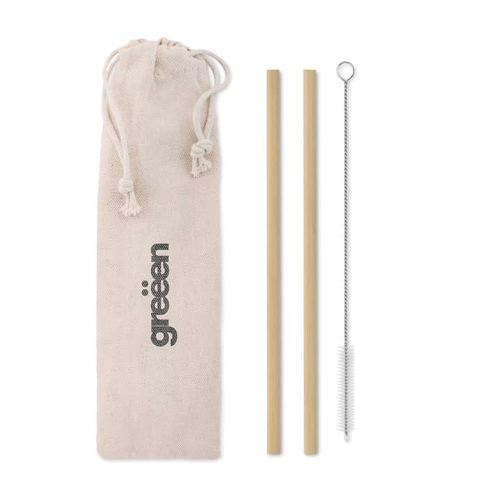 A natural straw set in a canvas pouch, featuring two bamboo straws and a cleaning brush. The pouch has a logo.