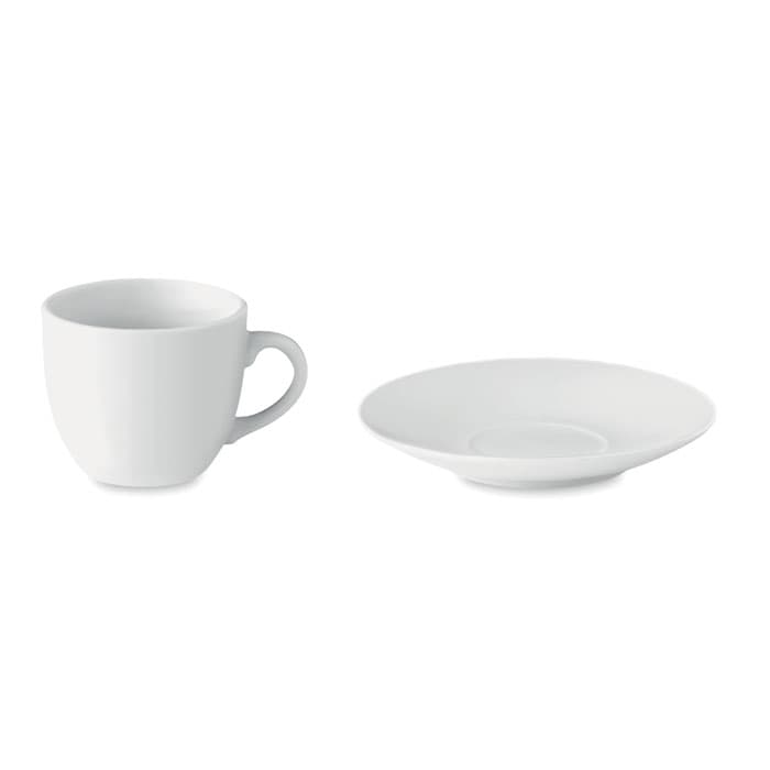 A white espresso cup and saucer set displayed side by side. The cup features a handle and the saucer is smooth.