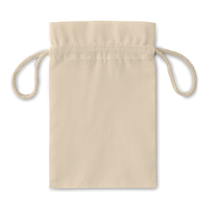 A cream-coloured fabric pouch with a drawstring closure, featuring a simple design.