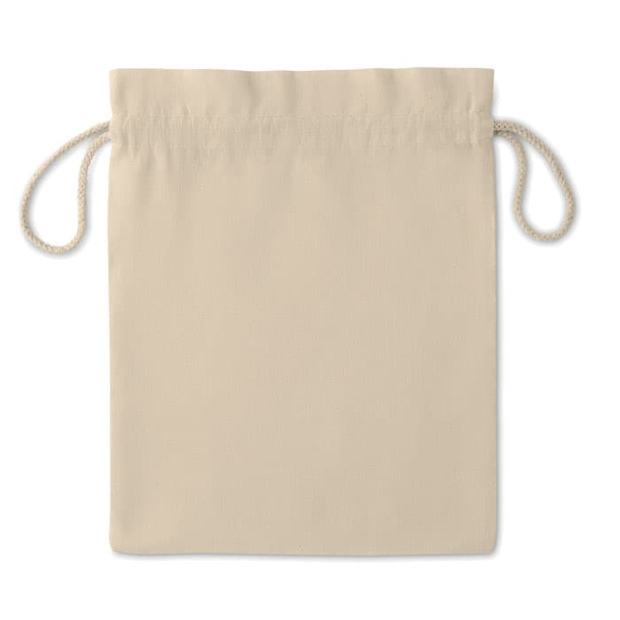 A drawstring bag in a light beige colour, featuring a simple design and cord closure.