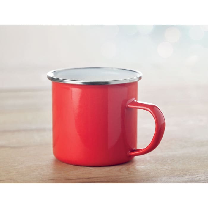 A drink bottle featuring a vibrant red enamel finish with a metallic lid and a sturdy handle.