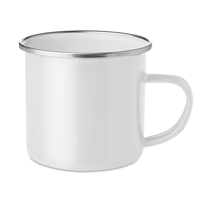 A drink bottle in white with a silver rim and a handle, featuring a rounded design and a glossy finish.