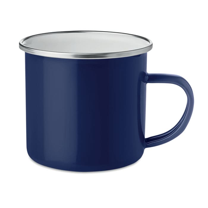 A drink bottle in navy blue with a stainless steel rim and a handle, featuring a logo.