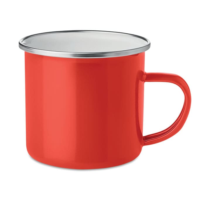 A red mug with a silver rim and a side handle, featuring a simple, rounded design.