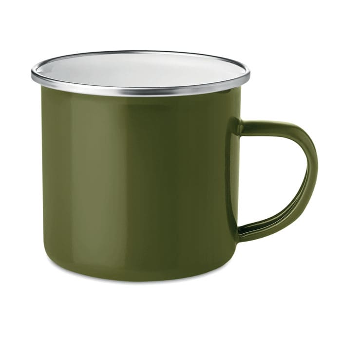 A drink bottle in olive green with a stainless steel rim and a handle. It features a logo on the front.
