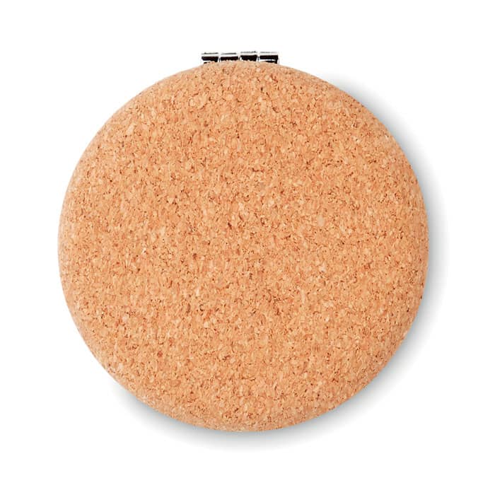 A round cork coaster in a natural beige colour with a metallic clasp, featuring a simple logo on the side.