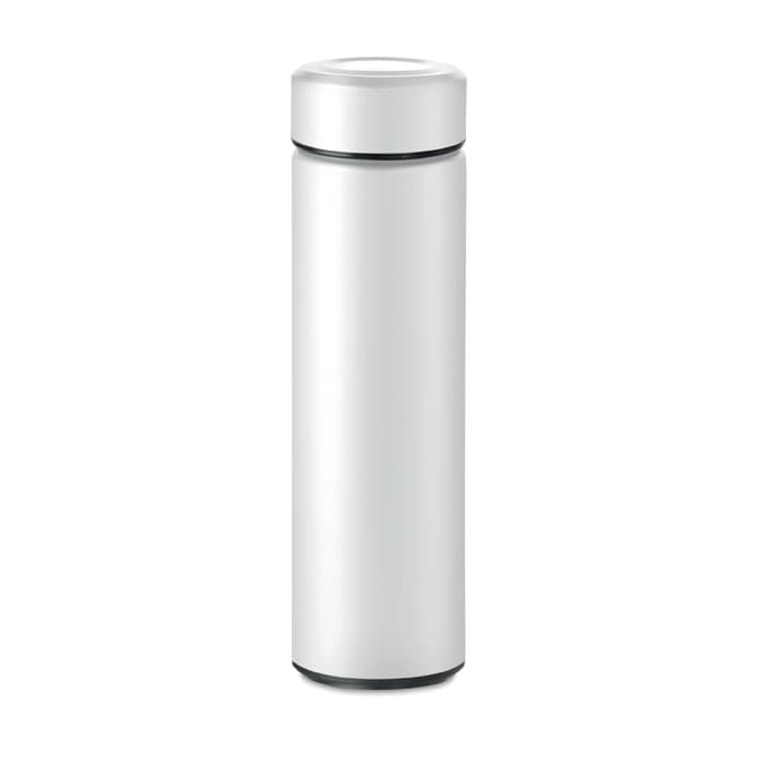 A drink bottle in sleek white with a lid, featuring a minimalist design and a logo.