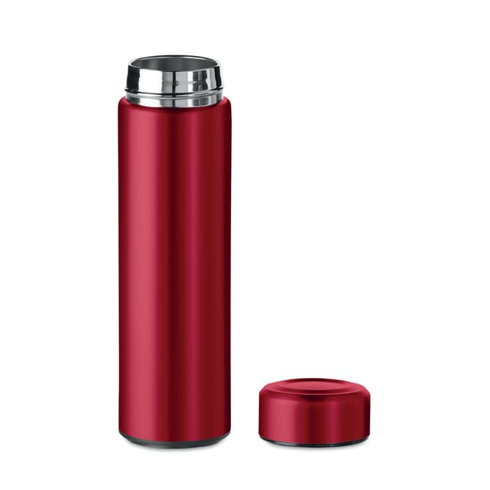 A drink bottle in a rich red colour with a stainless steel lid, featuring a sleek, cylindrical design.