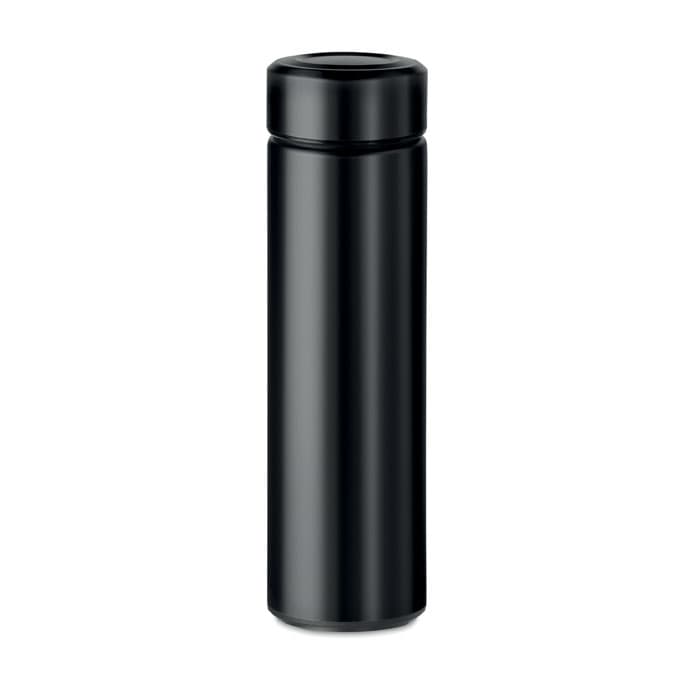 A drink bottle in sleek black, featuring a minimalistic design and a cap. It has a logo on the surface.