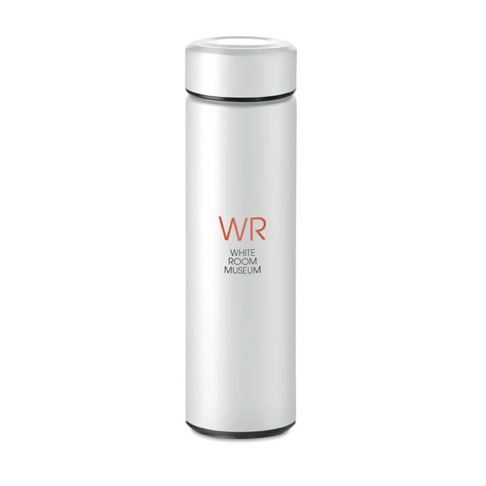 A drink bottle in white with a sleek, minimalist design, featuring a logo and promotional text.