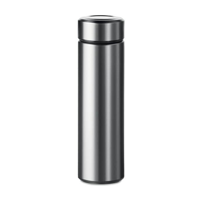 A drink bottle in a sleek, silver metallic finish, featuring a logo on its surface.