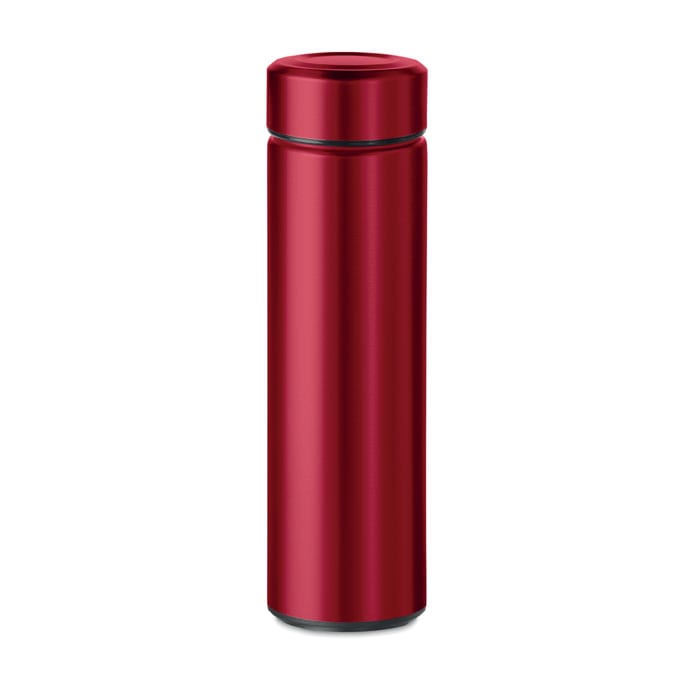 A drink bottle in a sleek, shiny red finish with a stainless steel construction and a simple design.