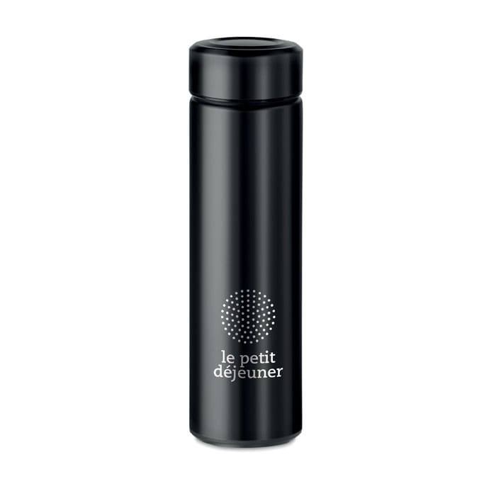 A drink bottle in sleek black with a circular dotted design and a branding logo.