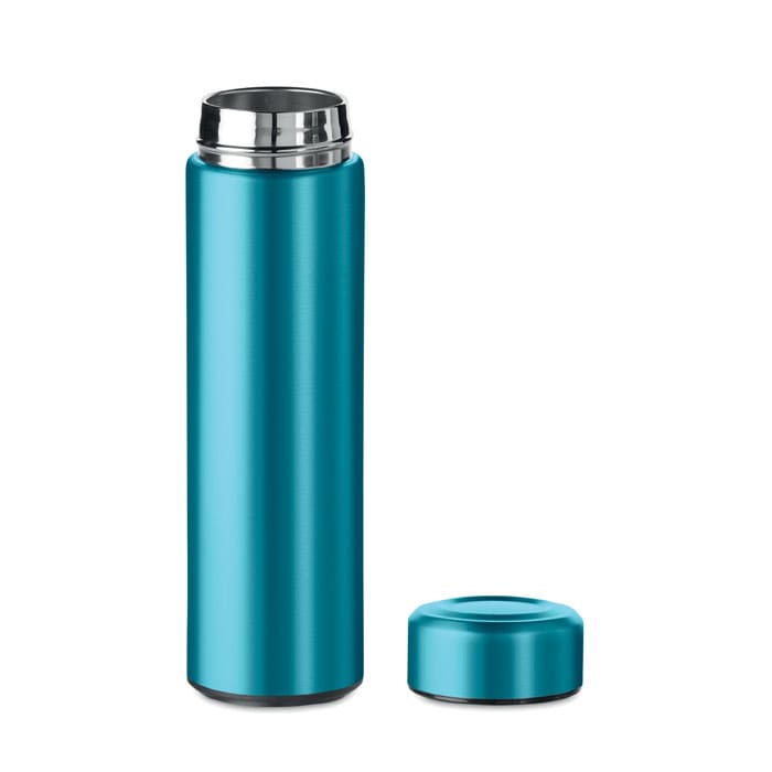 A drink bottle in a vibrant teal colour with a stainless steel top and a separate lid.