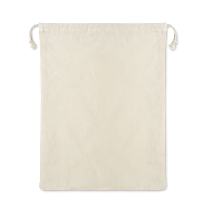 A drawstring bag in a light cream colour, made from a soft fabric with a simple design.
