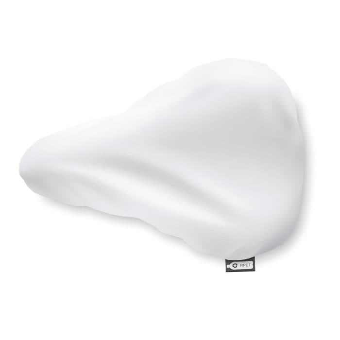A bike seat cover in white fabric, featuring a logo and a smooth, contoured design.