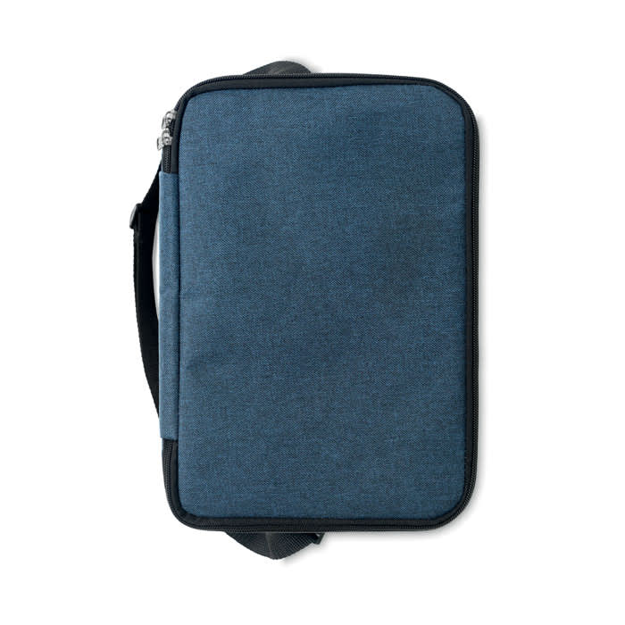 A blue bag with a zip closure and a shoulder strap, featuring a sleek, minimalist design.