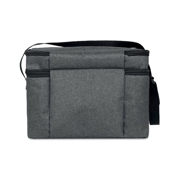 A grey insulated bag with a shoulder strap and multiple zippered compartments. Suitable for transporting items.