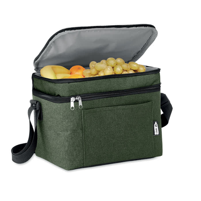 A green insulated cooler bag with a zippered lid, filled with fruits like bananas, apples, and grapes.