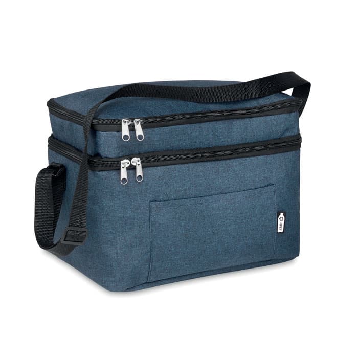 A drink bottle cooler bag in dark blue with two zippered compartments and an adjustable shoulder strap.