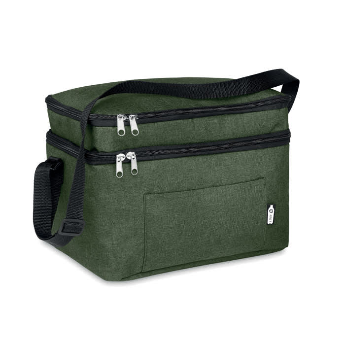 A green insulated cooler bag with two zipped compartments and a shoulder strap for easy carrying.