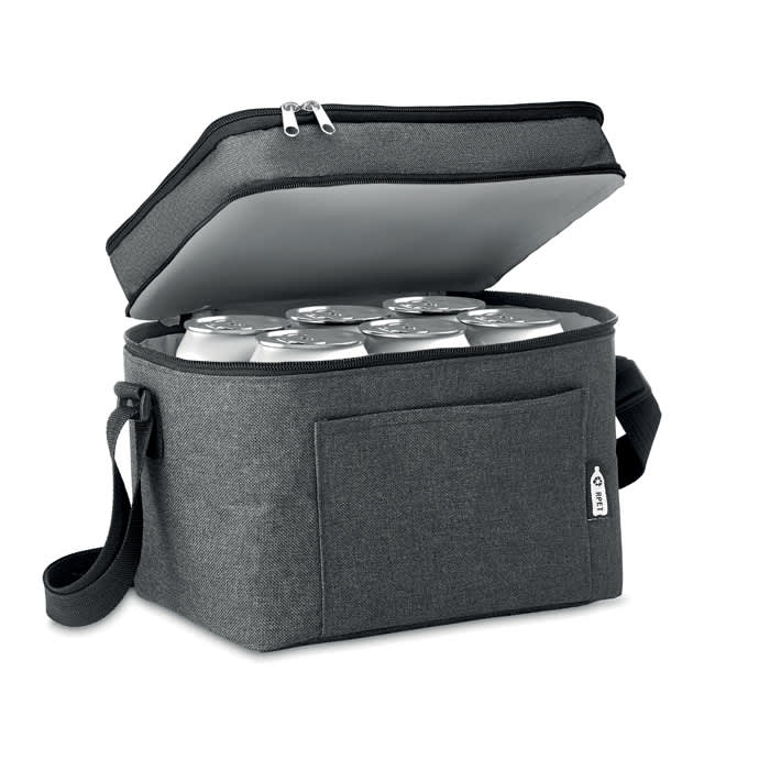 A grey cooler bag with a zippered top, holding several cans inside, and featuring an exterior pocket.