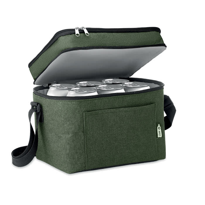 A drink bottle cooler in dark green, showing an open top with several cans inside and a side pocket.