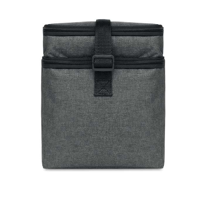 A drink bottle cooler with a grey fabric exterior and dual zippered compartments. Features a strap for easy carrying.
