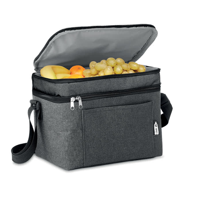 A grey insulated cooler bag with a zippered opening, filled with assorted fruits, including bananas and grapes.