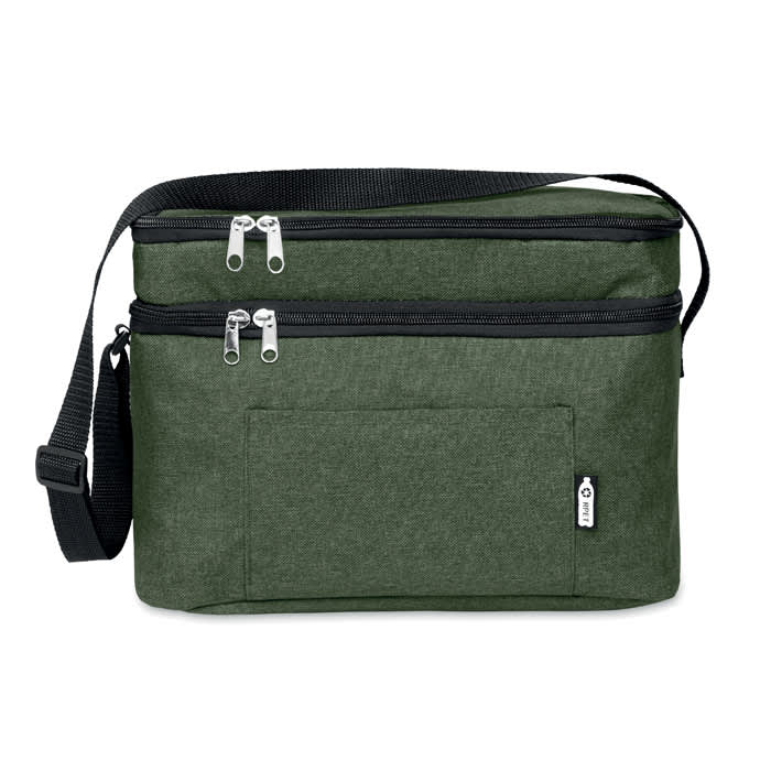 A green insulated cooler bag with two zippered compartments and an adjustable shoulder strap. It features a front pocket.