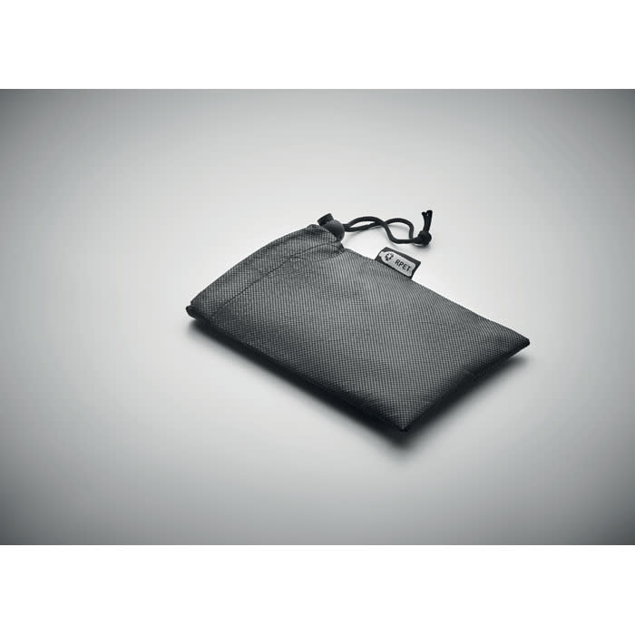 A grey pouch made of textured material, featuring a drawstring closure and a small logo tag.
