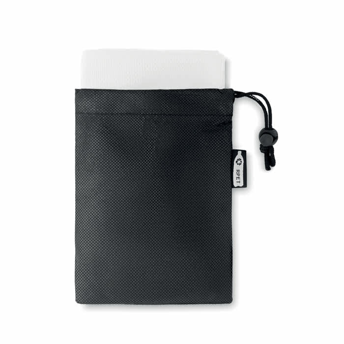 A black pouch made of RPET material with a drawstring closure and a white interior. It features a small logo.